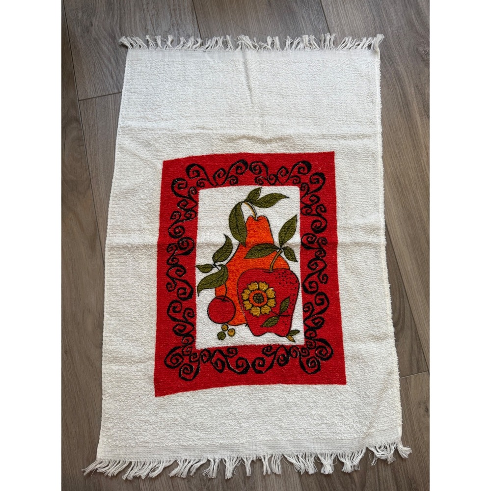 Vintage 70s Fruit Kitchen Towel Cotton Fringe Pear Apple Red White Made in USA